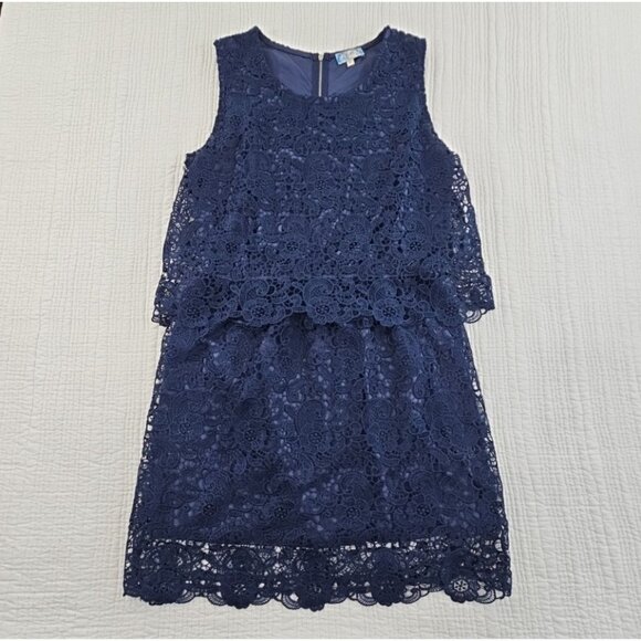 J Gee Tiered Eyelet Lace Dress Women’s XL Navy Blue Sleeveless Lined EUC VTG - Picture 1 of 14